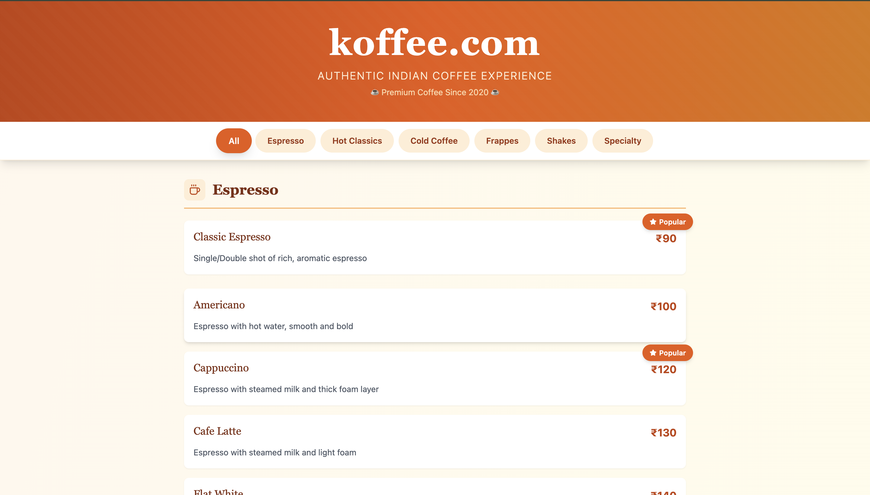 Koffee cafe menu website preview