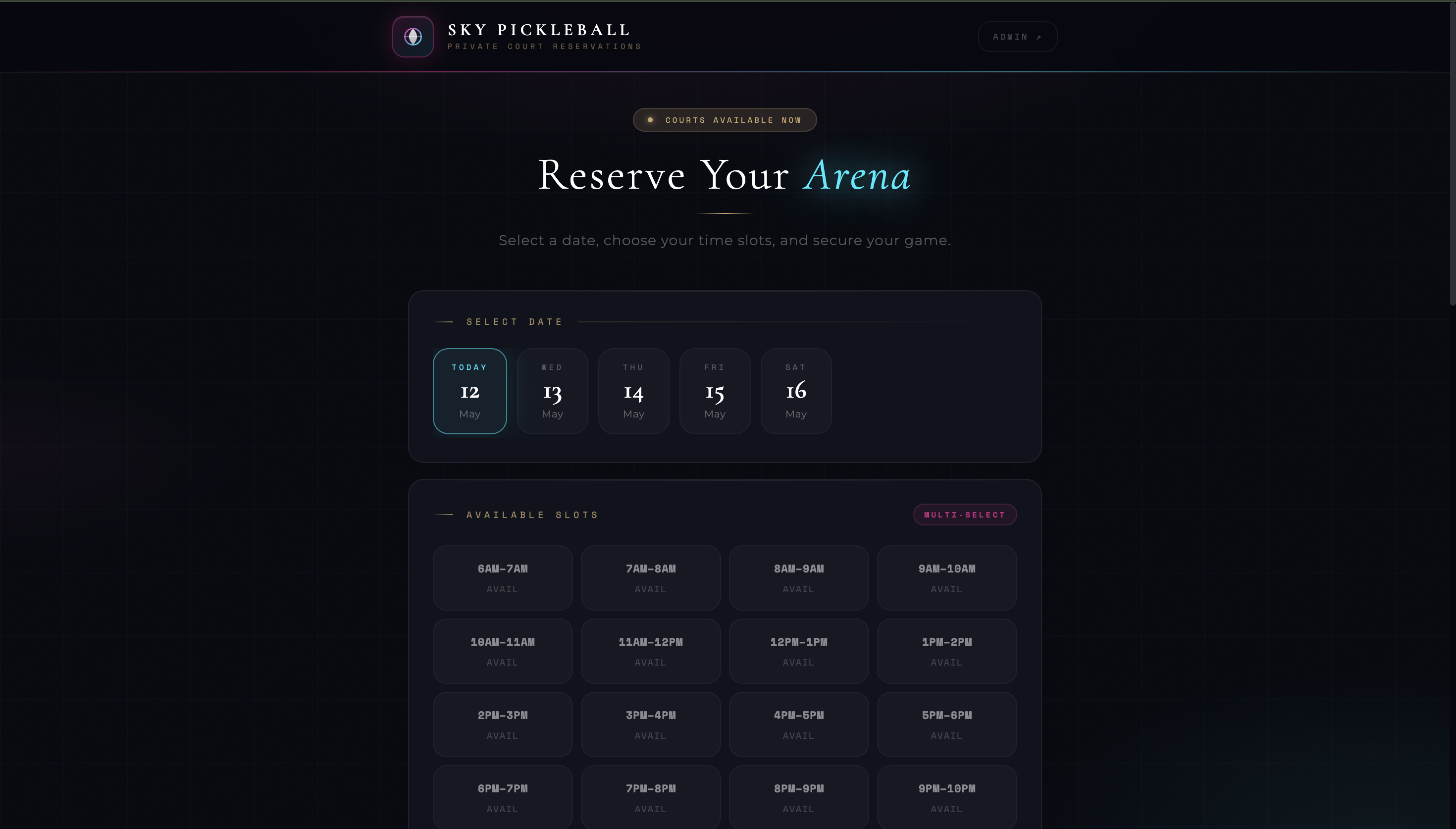 Sky Pickleball court booking website preview
